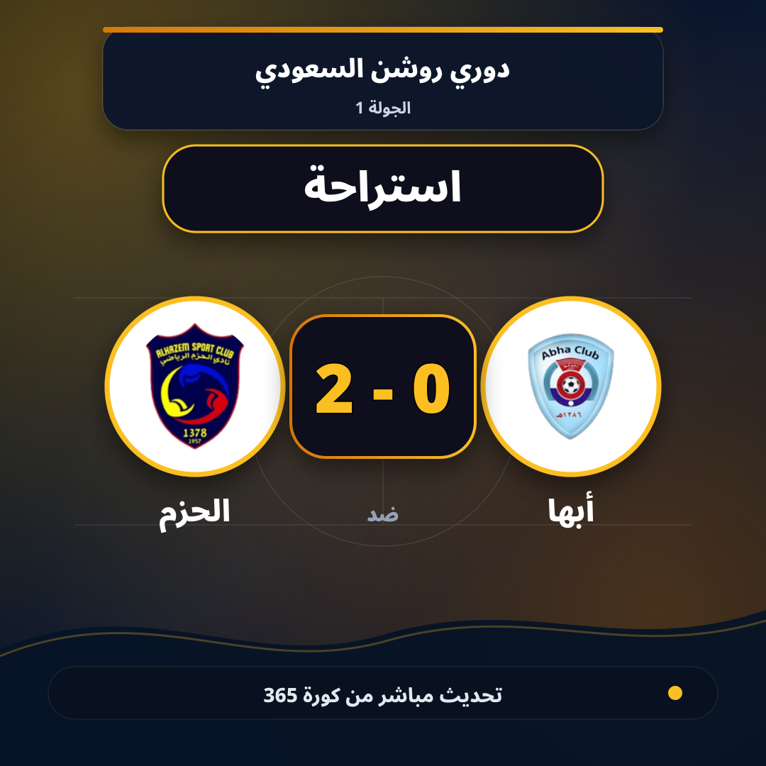 استراحة.. أبها 0 - 2 الحزم