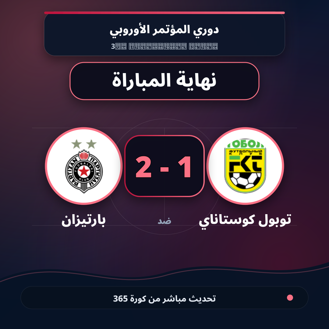 نهاية المباراة.. توبول كوستاناي 1 - 2 بارتيزان
