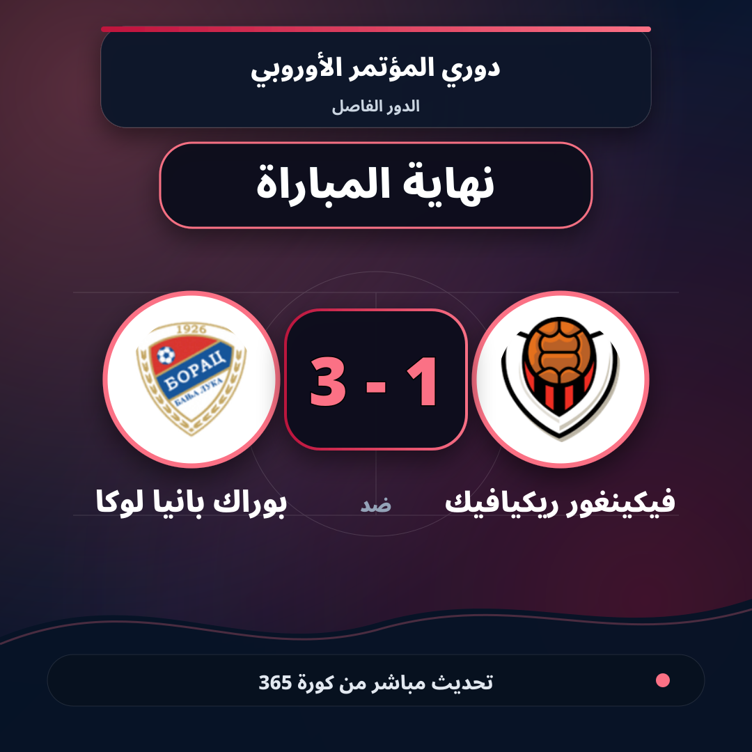 نهاية المباراة.. فيكينغور ريكيافيك 1 - 3 بوراك بانيا لوكا